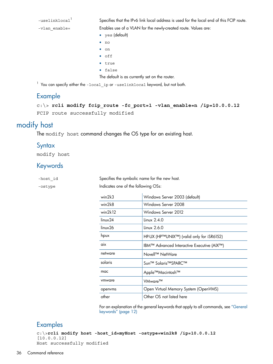 Modify host, Example, Syntax | Keywords, Examples | HP MPX200 Multifunction Router User Manual | Page 36 / 120