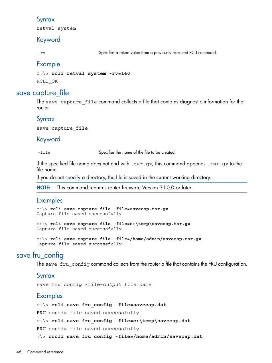 Save capture_file, Save fru_config, Save capture_file save fru_config | Syntax, Keyword, Example, Examples | HP MPX200 Multifunction Router User Manual | Page 46 / 120