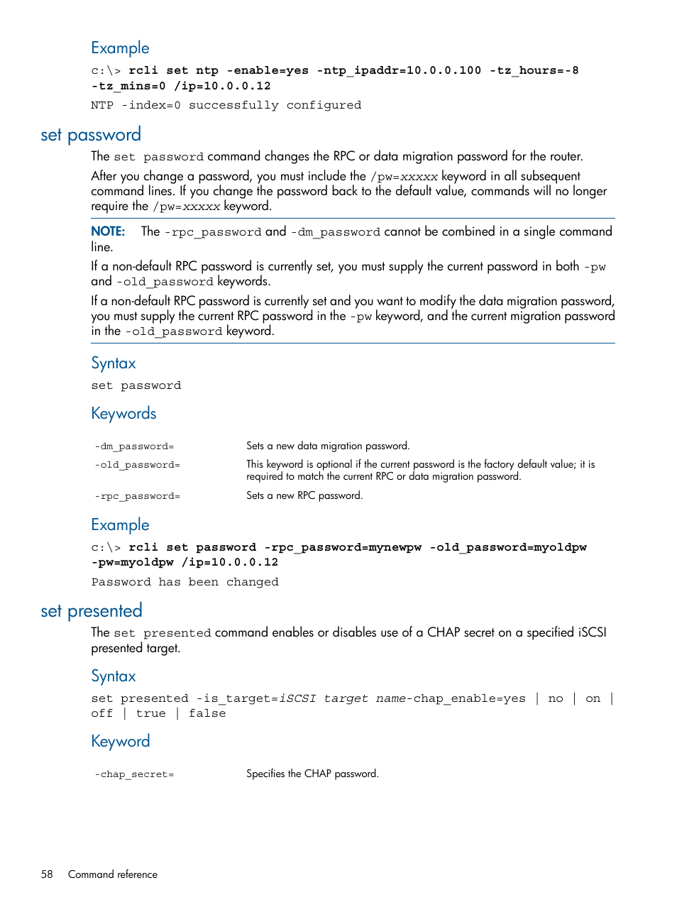 Set password, Set presented, Set password set presented | Example, Syntax, Keywords, Keyword | HP MPX200 Multifunction Router User Manual | Page 58 / 120