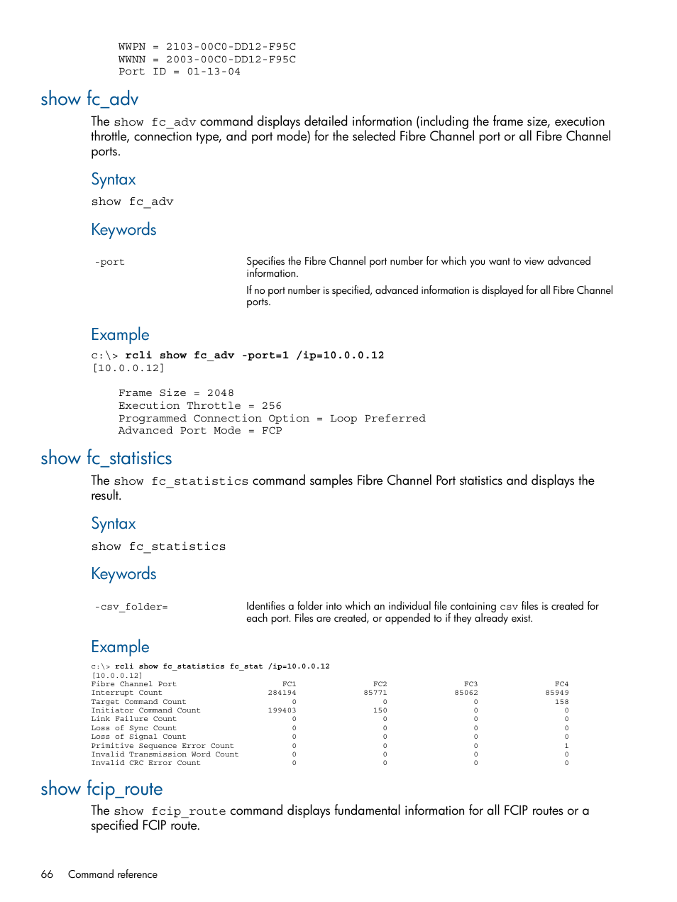 Show fc_adv, Show fc_statistics, Show fcip_route | Show fc_adv show fc_statistics show fcip_route, Syntax, Keywords, Example | HP MPX200 Multifunction Router User Manual | Page 66 / 120