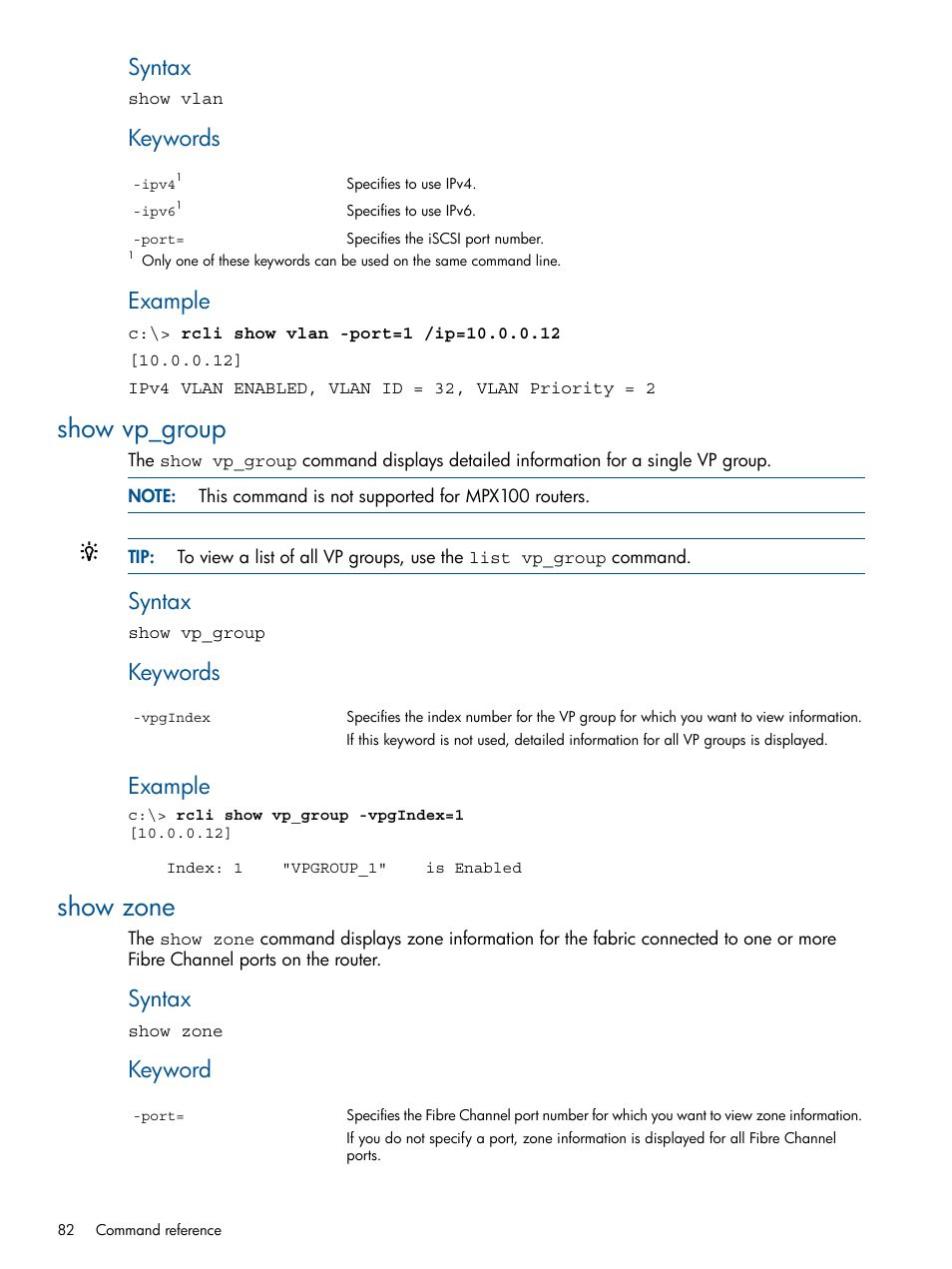 Show vp_group, Show zone, Show vp_group show zone | Syntax, Keywords, Example, Keyword | HP MPX200 Multifunction Router User Manual | Page 82 / 120