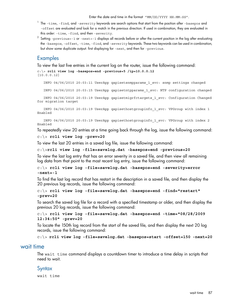 Wait time, Examples, Syntax | HP MPX200 Multifunction Router User Manual | Page 87 / 120