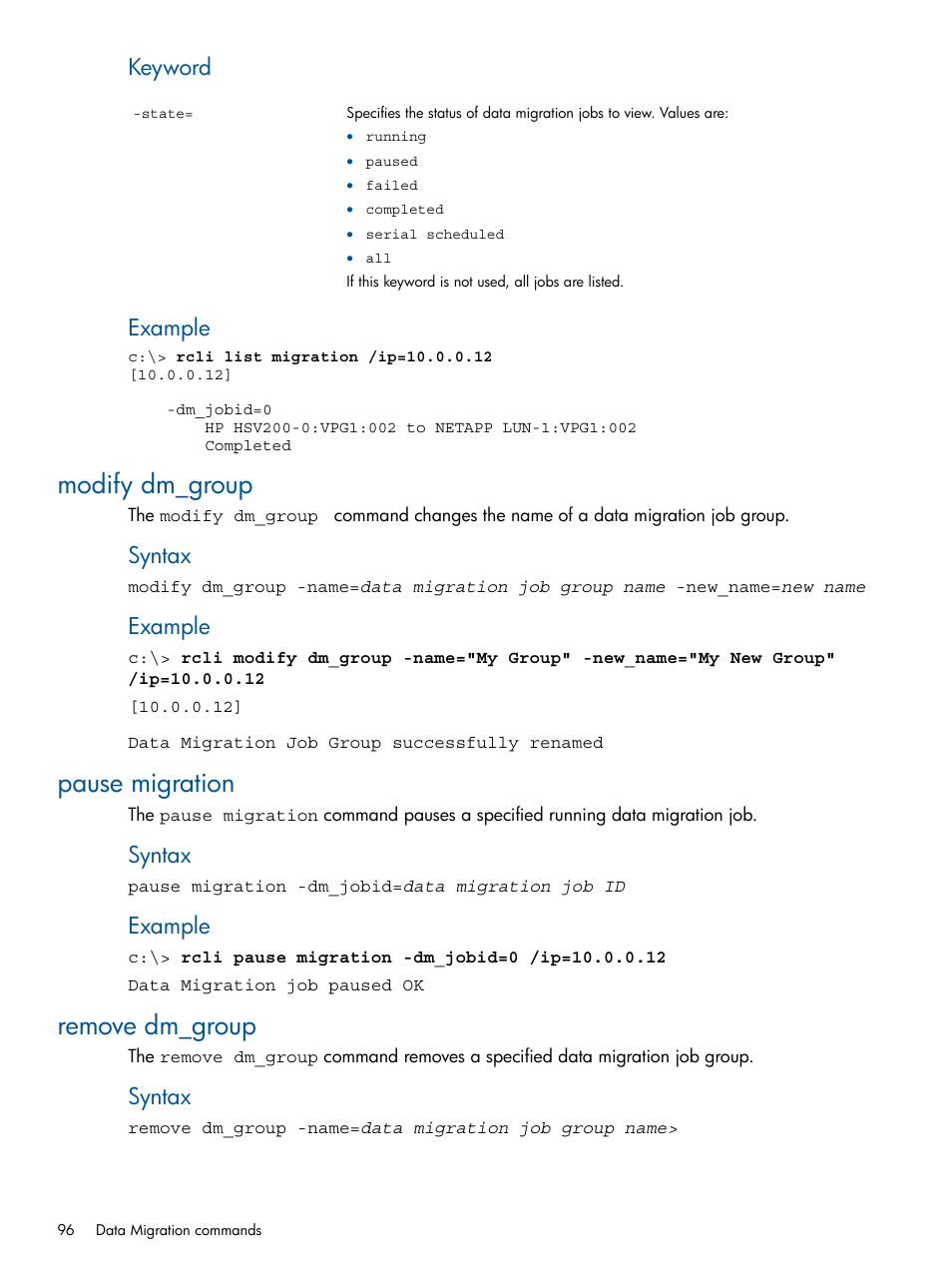 Modify dm_group, Pause migration, Remove dm_group | Pause migration remove dm_group, Keyword, Example, Syntax | HP MPX200 Multifunction Router User Manual | Page 96 / 120