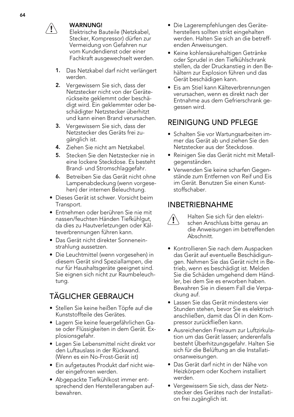 Täglicher gebrauch, Reinigung und pflege, Inbetriebnahme | AEG A62300HLW0 User Manual | Page 64 / 84
