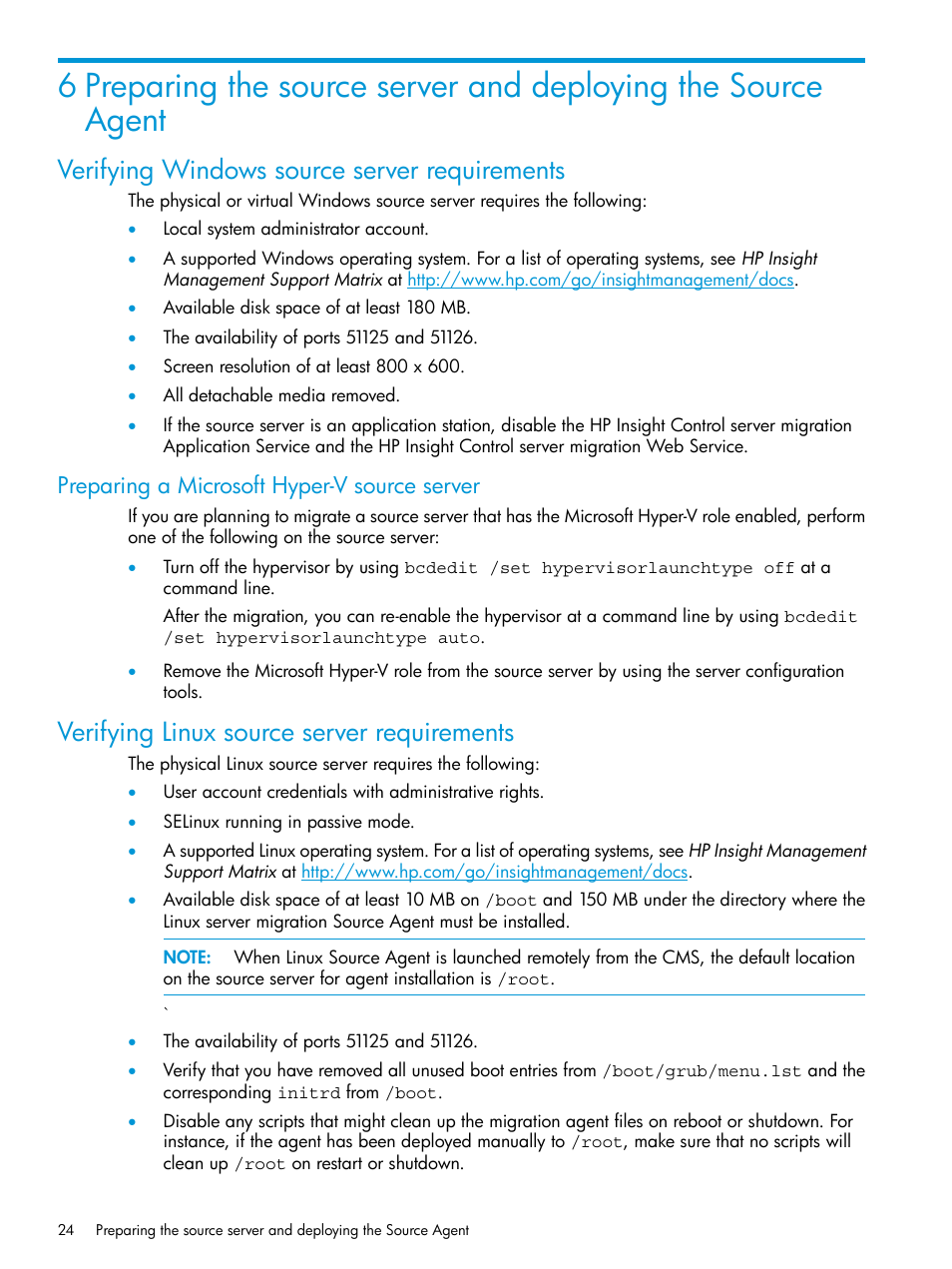 Verifying windows source server requirements, Preparing a microsoft hyper-v source server, Verifying linux source server requirements | HP Insight Control Software for Linux User Manual | Page 24 / 87