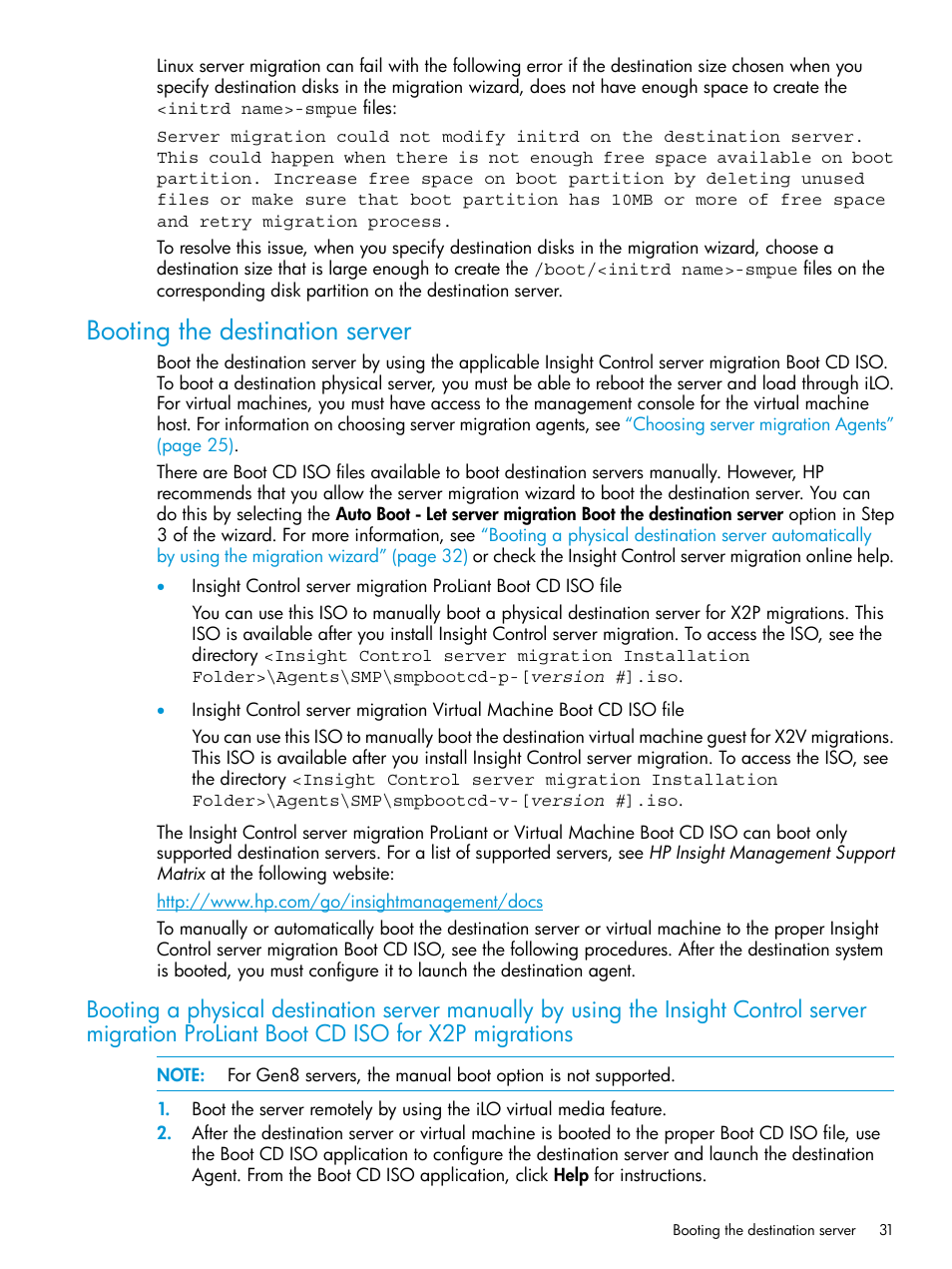 Booting the destination server | HP Insight Control Software for Linux User Manual | Page 31 / 87