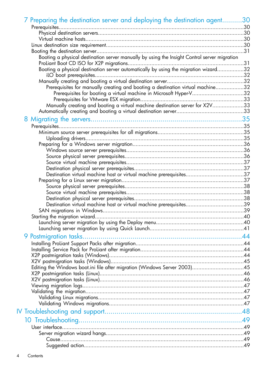 8 migrating the servers, 9 postmigration tasks, Iv troubleshooting and support 10 troubleshooting | HP Insight Control Software for Linux User Manual | Page 4 / 87