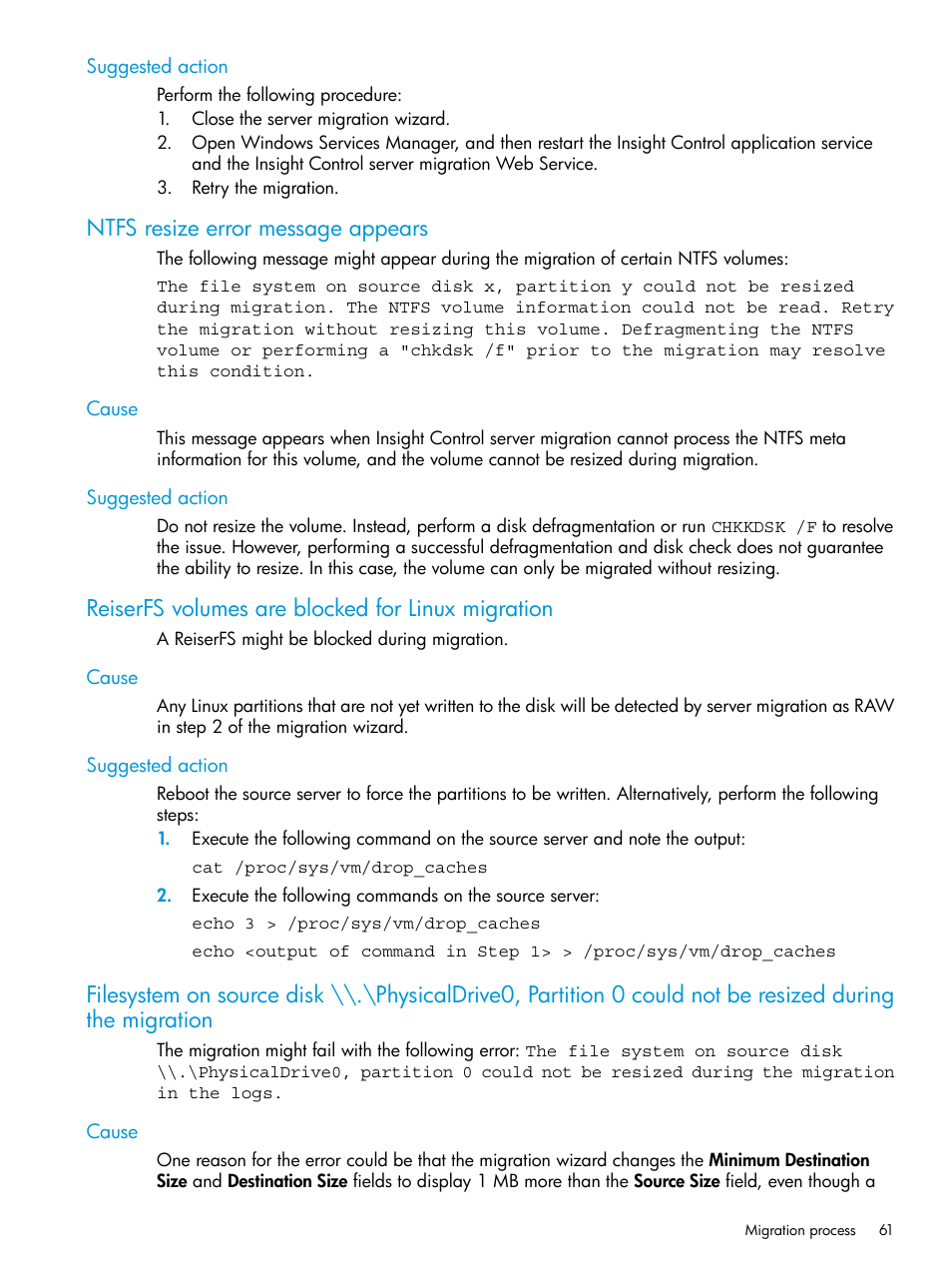 Suggested action, Ntfs resize error message appears, Cause | Reiserfs volumes are blocked for linux migration, Cause suggested action | HP Insight Control Software for Linux User Manual | Page 61 / 87