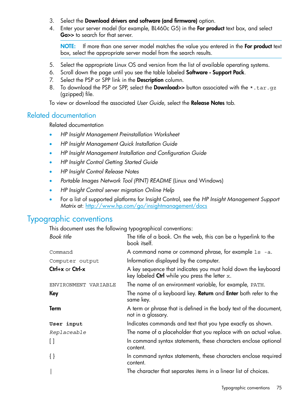 Related documentation, Typographic conventions | HP Insight Control Software for Linux User Manual | Page 75 / 87