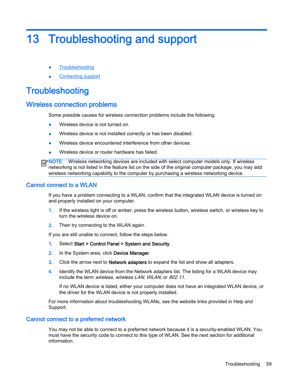 Troubleshooting and support, Troubleshooting, Wireless connection problems | Cannot connect to a wlan, Cannot connect to a preferred network, 13 troubleshooting and support | HP 15-r081nr Notebook PC User Manual | Page 69 / 77