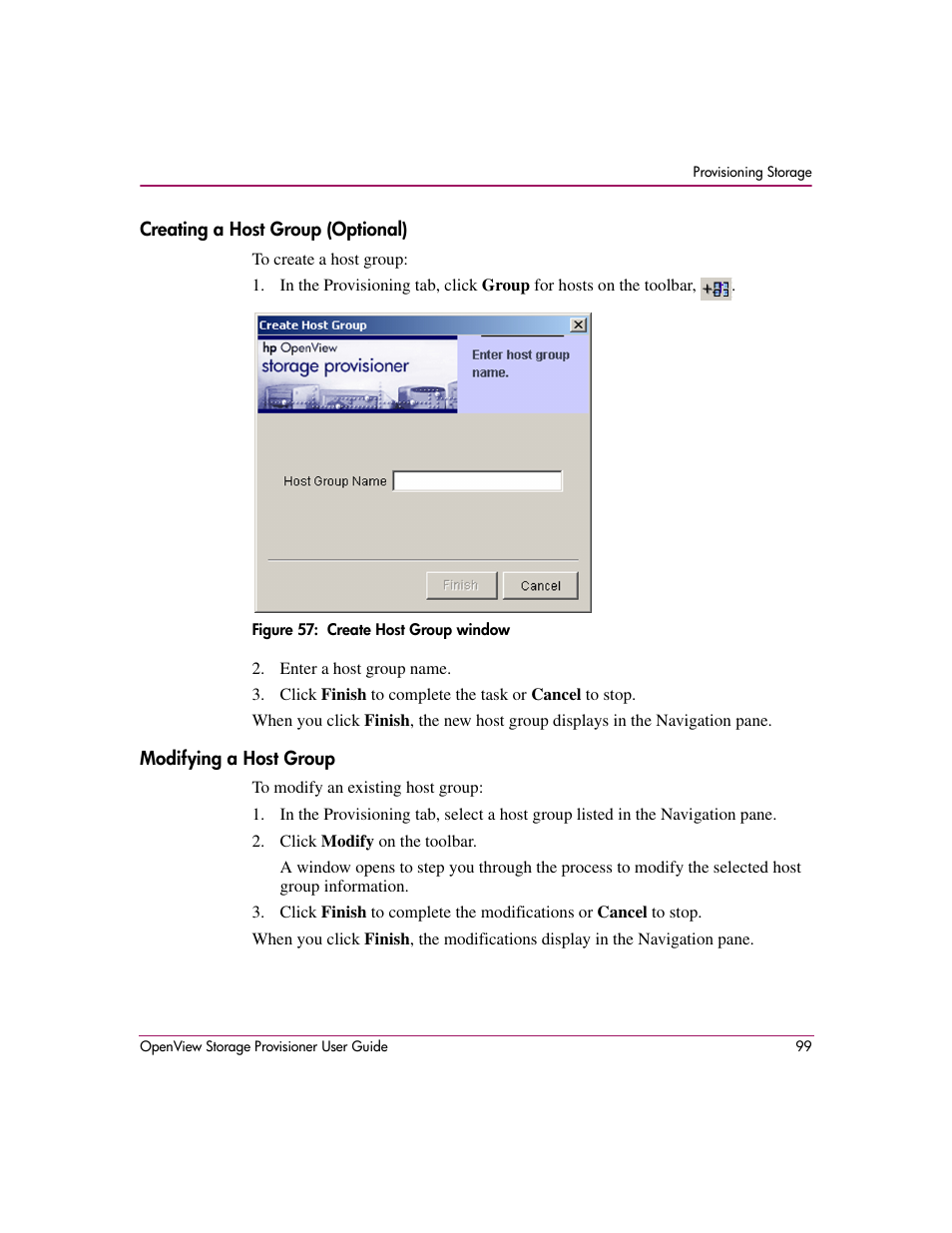 Creating a host group (optional), Modifying a host group, 57 create host group window | HP OpenView Storage Provisioner Software License User Manual | Page 101 / 172