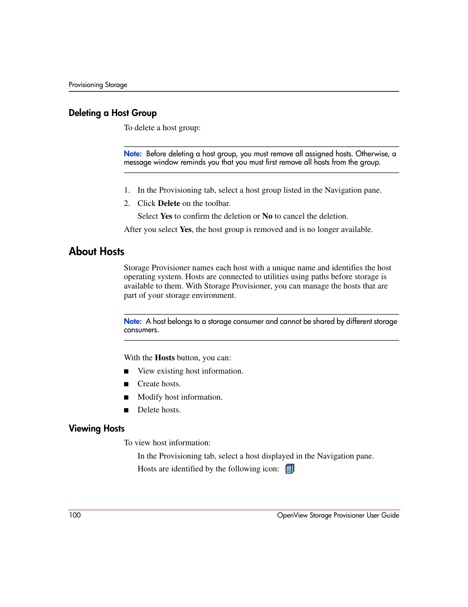 Deleting a host group, About hosts, Viewing hosts | HP OpenView Storage Provisioner Software License User Manual | Page 102 / 172