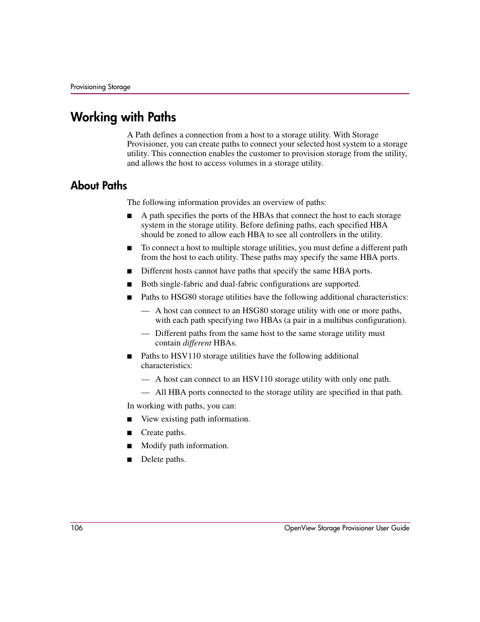 Working with paths, About paths | HP OpenView Storage Provisioner Software License User Manual | Page 108 / 172