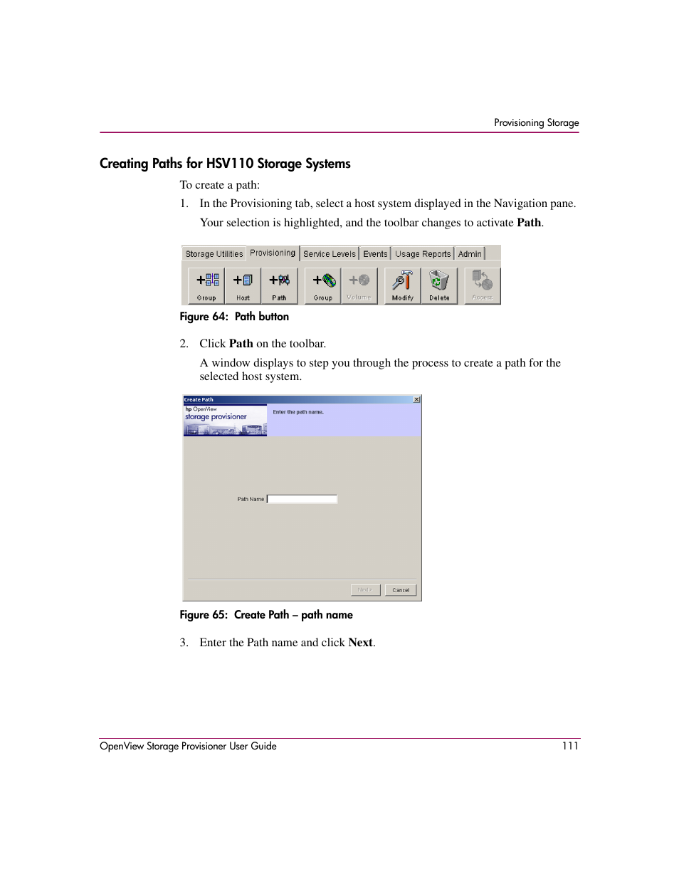 Creating paths for hsv110 storage systems, 64 path button 65 create path – path name | HP OpenView Storage Provisioner Software License User Manual | Page 113 / 172