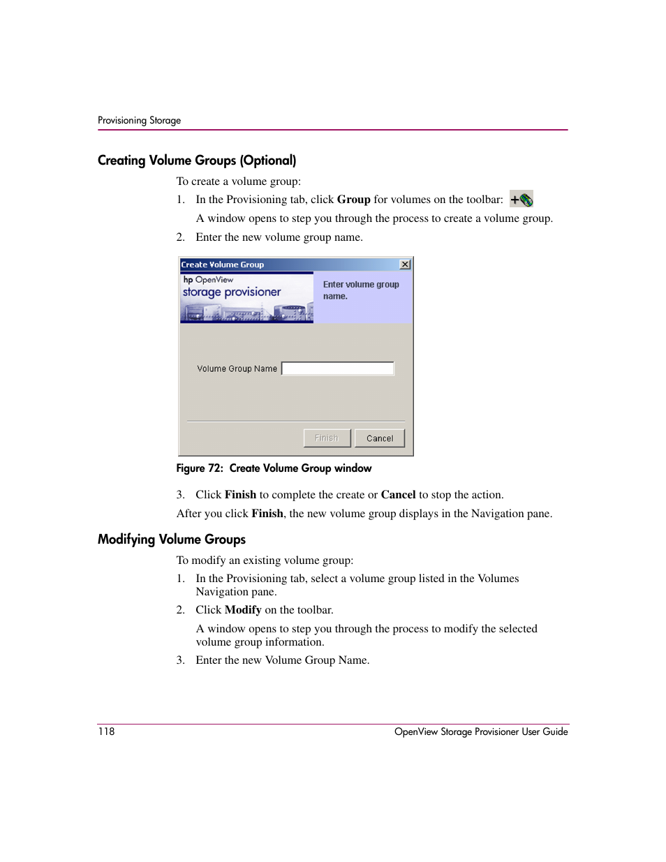 Creating volume groups (optional), Modifying volume groups, 72 create volume group window | HP OpenView Storage Provisioner Software License User Manual | Page 120 / 172