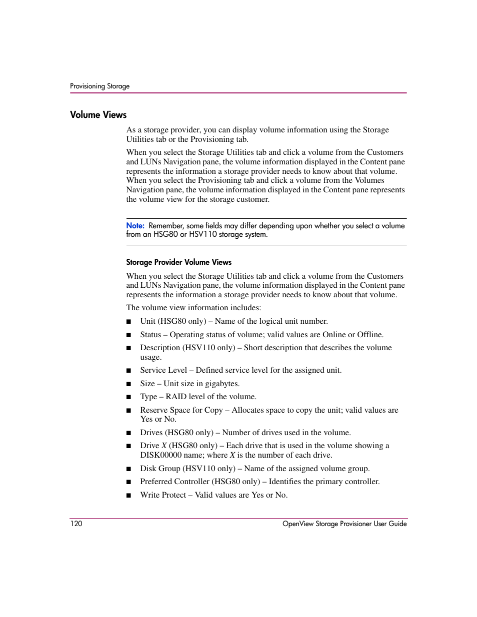 Volume views, Storage provider volume views | HP OpenView Storage Provisioner Software License User Manual | Page 122 / 172