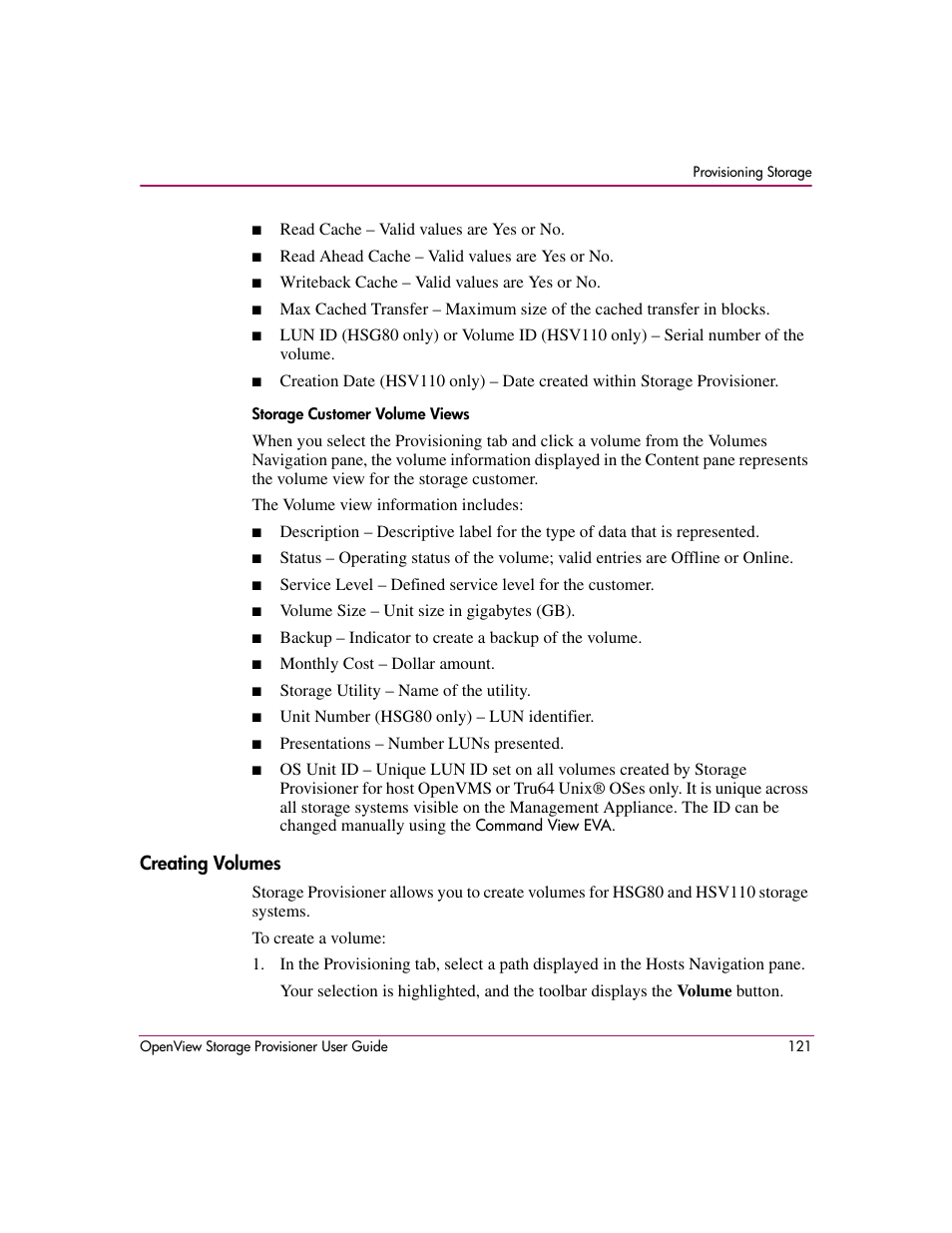 Creating volumes, Storage customer volume views | HP OpenView Storage Provisioner Software License User Manual | Page 123 / 172