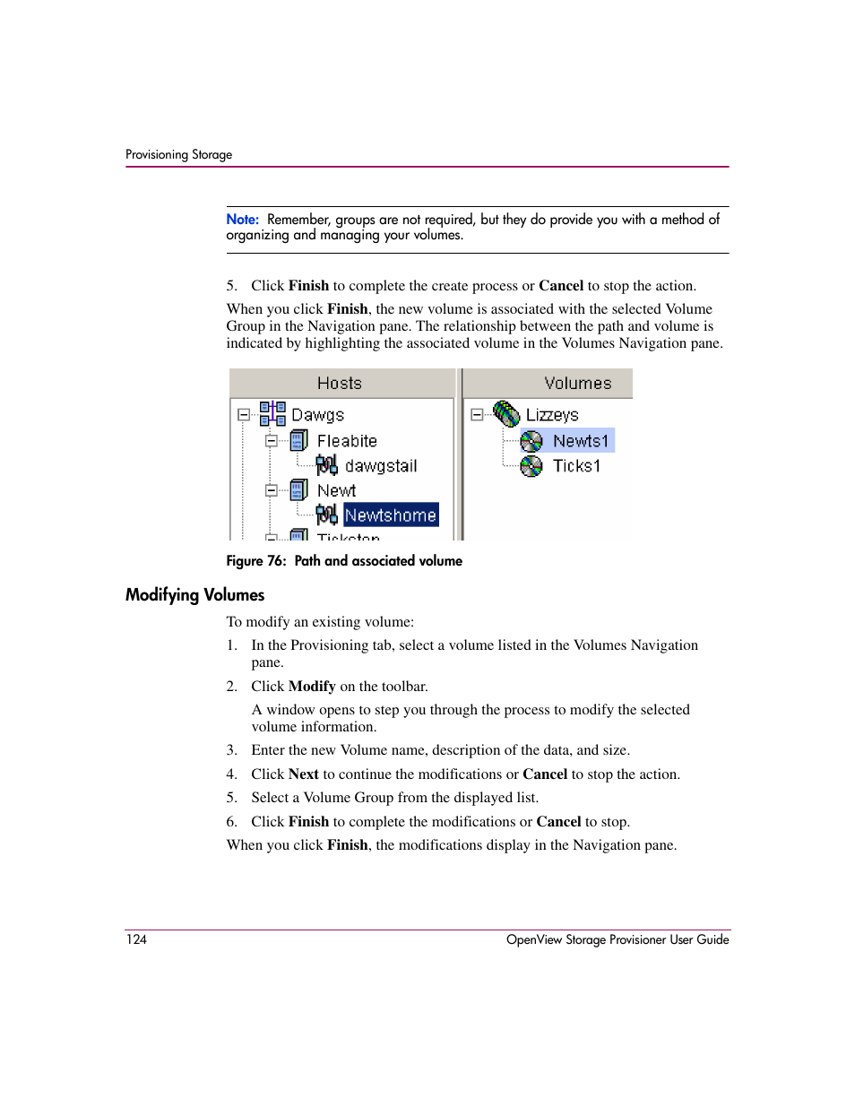 Modifying volumes, 76 path and associated volume | HP OpenView Storage Provisioner Software License User Manual | Page 126 / 172
