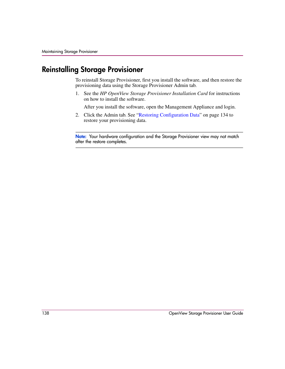 Reinstalling storage provisioner | HP OpenView Storage Provisioner Software License User Manual | Page 140 / 172