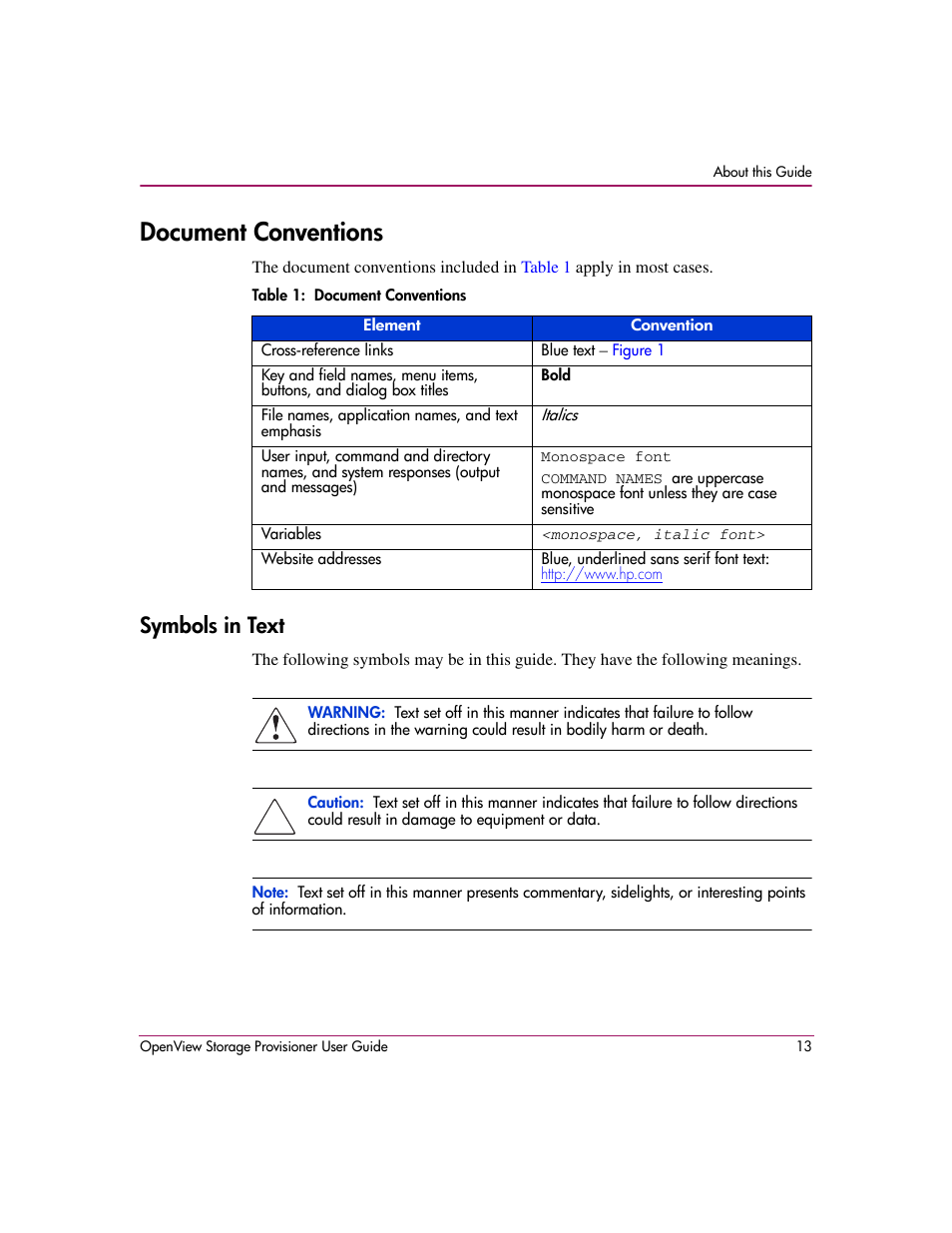Document conventions, Symbols in text, 1 document conventions | HP OpenView Storage Provisioner Software License User Manual | Page 15 / 172