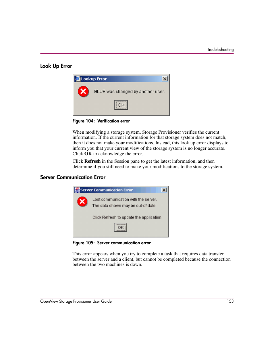Look up error, Server communication error, Look up error server communication error | HP OpenView Storage Provisioner Software License User Manual | Page 155 / 172