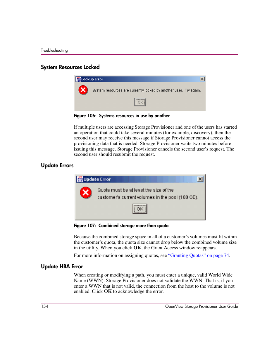 System resources locked, Update errors, Update hba error | HP OpenView Storage Provisioner Software License User Manual | Page 156 / 172