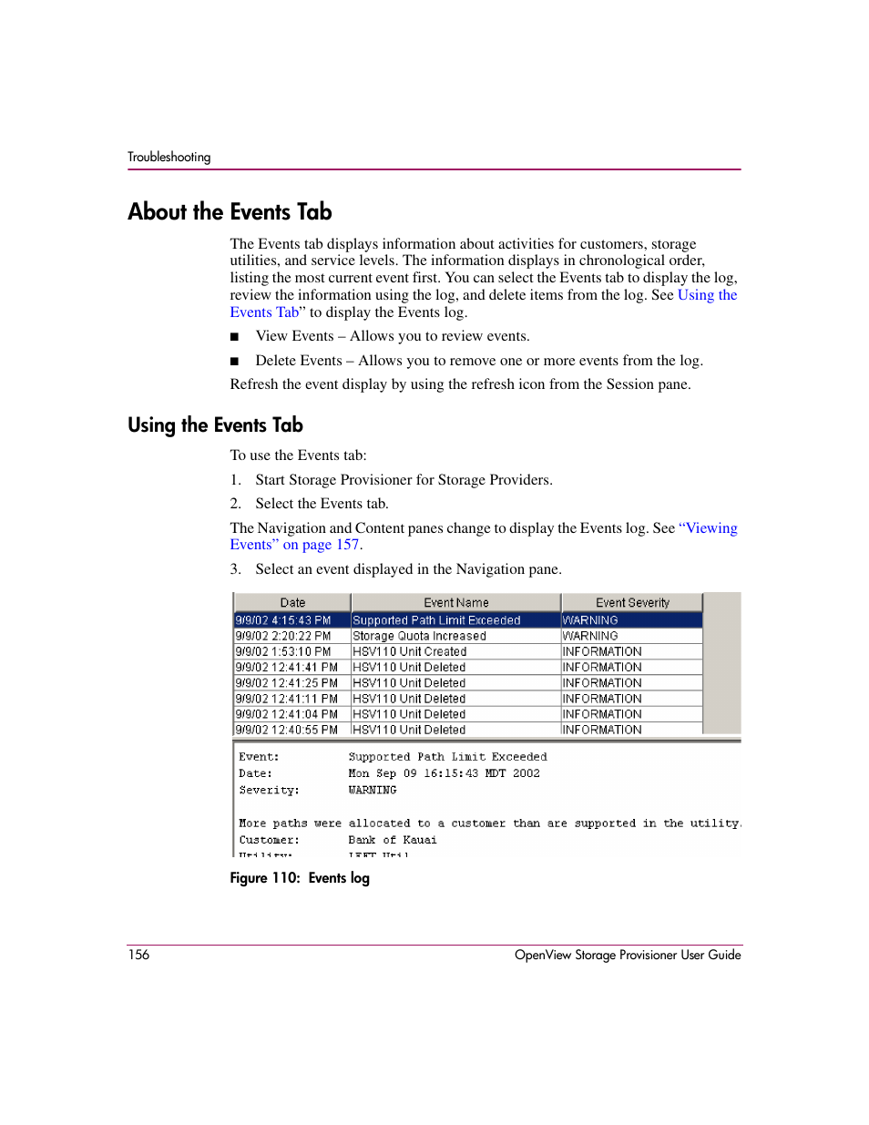 About the events tab, Using the events tab, 110 events log | HP OpenView Storage Provisioner Software License User Manual | Page 158 / 172