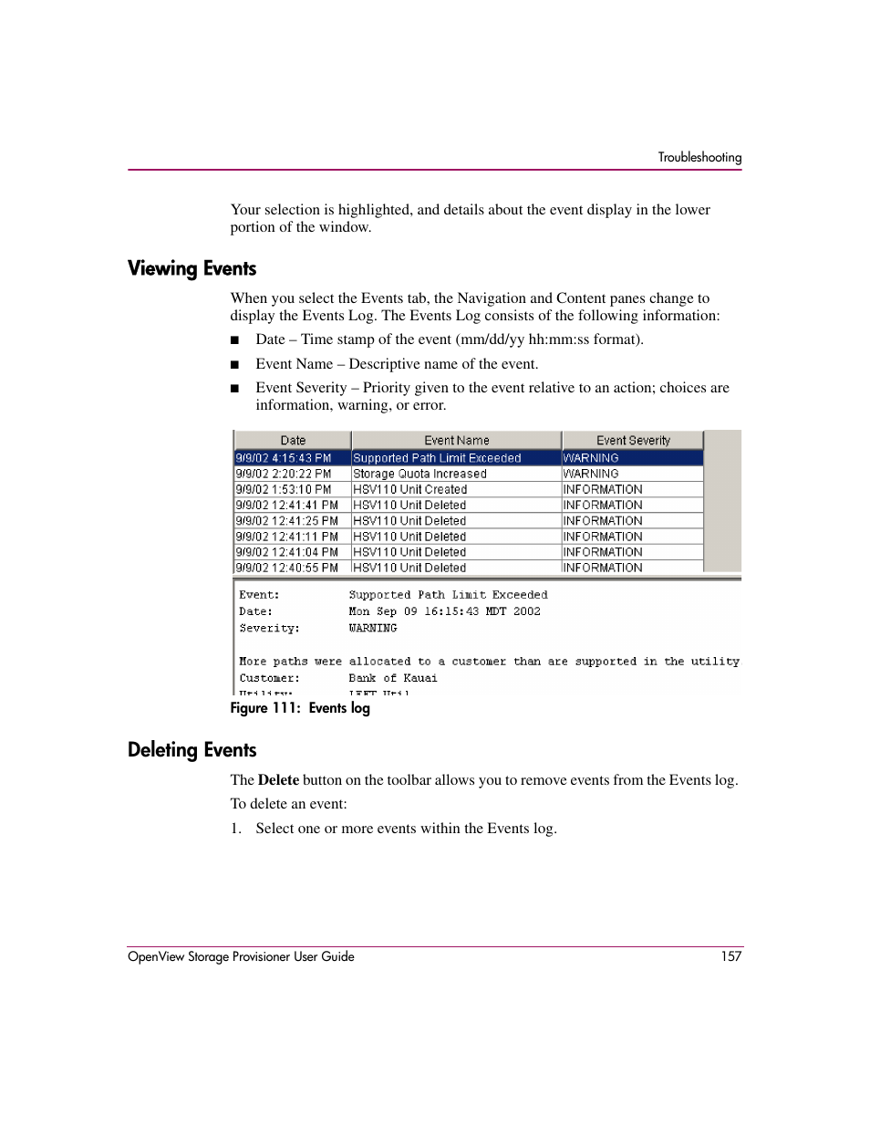 Viewing events, Deleting events, Viewing events deleting events | 111 events log, Viewing | HP OpenView Storage Provisioner Software License User Manual | Page 159 / 172