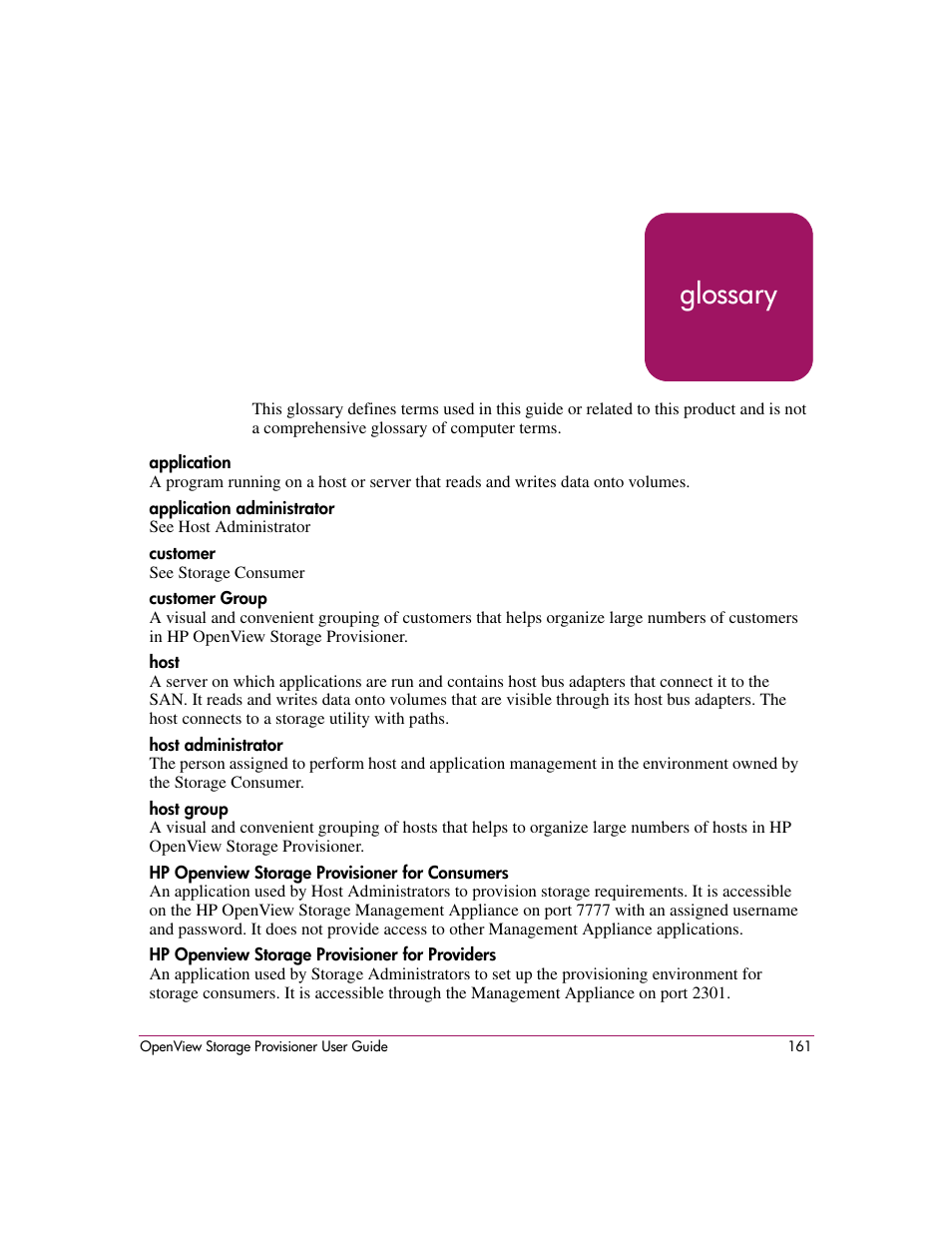 Glossary, Glossary glossary | HP OpenView Storage Provisioner Software License User Manual | Page 163 / 172
