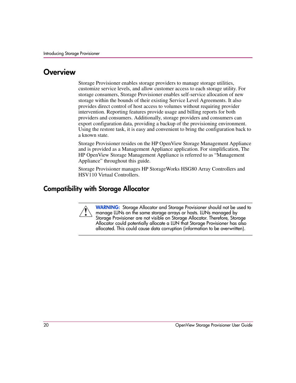 Overview, Compatibility with storage allocator | HP OpenView Storage Provisioner Software License User Manual | Page 22 / 172