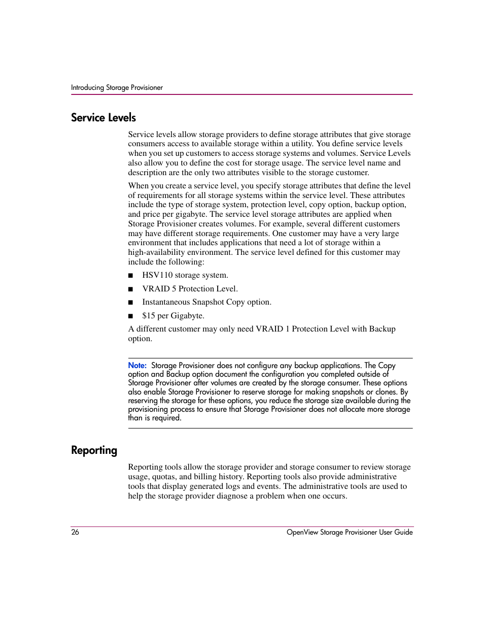 Service levels, Reporting, Service levels reporting | HP OpenView Storage Provisioner Software License User Manual | Page 28 / 172