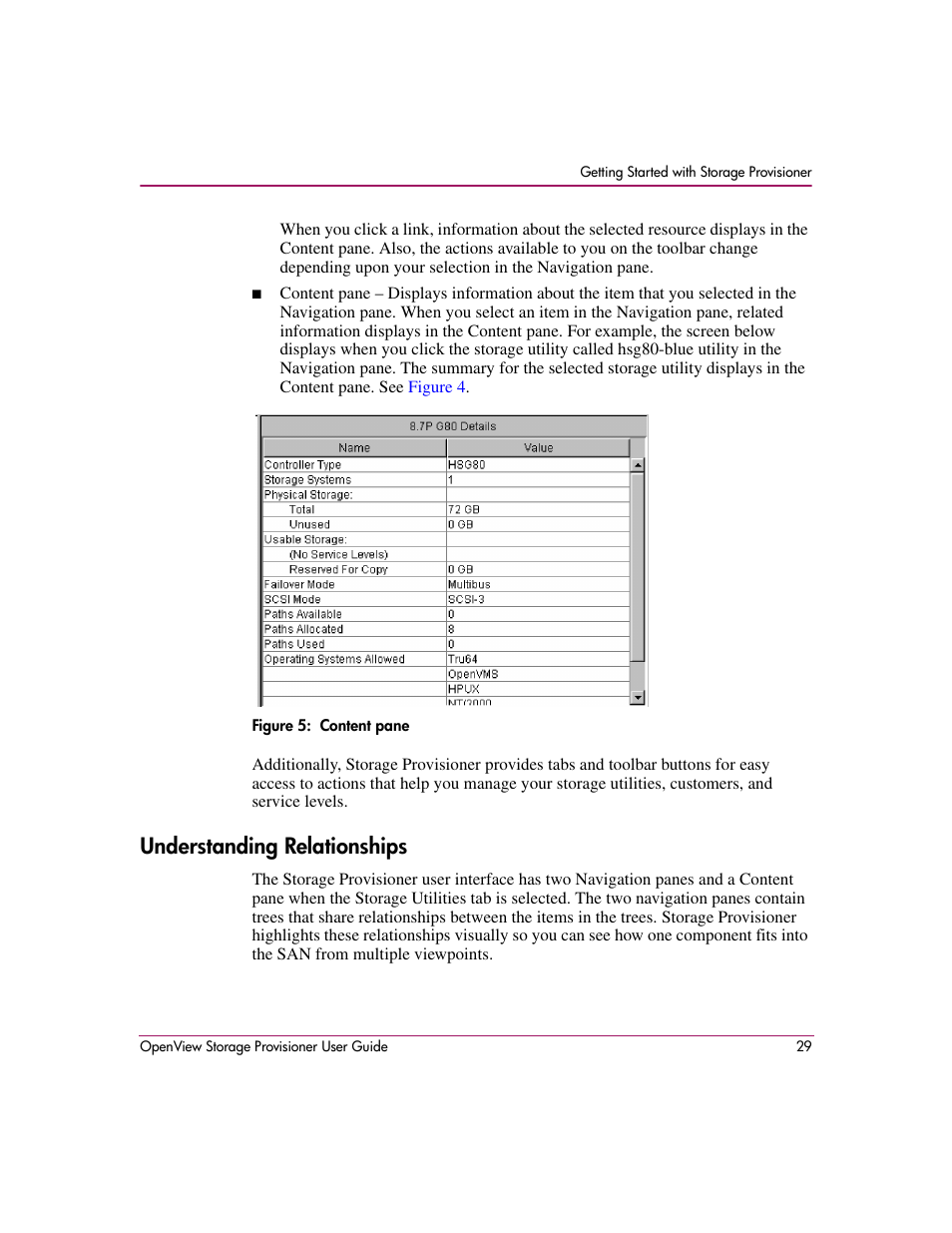 Understanding relationships, 5 content pane | HP OpenView Storage Provisioner Software License User Manual | Page 31 / 172