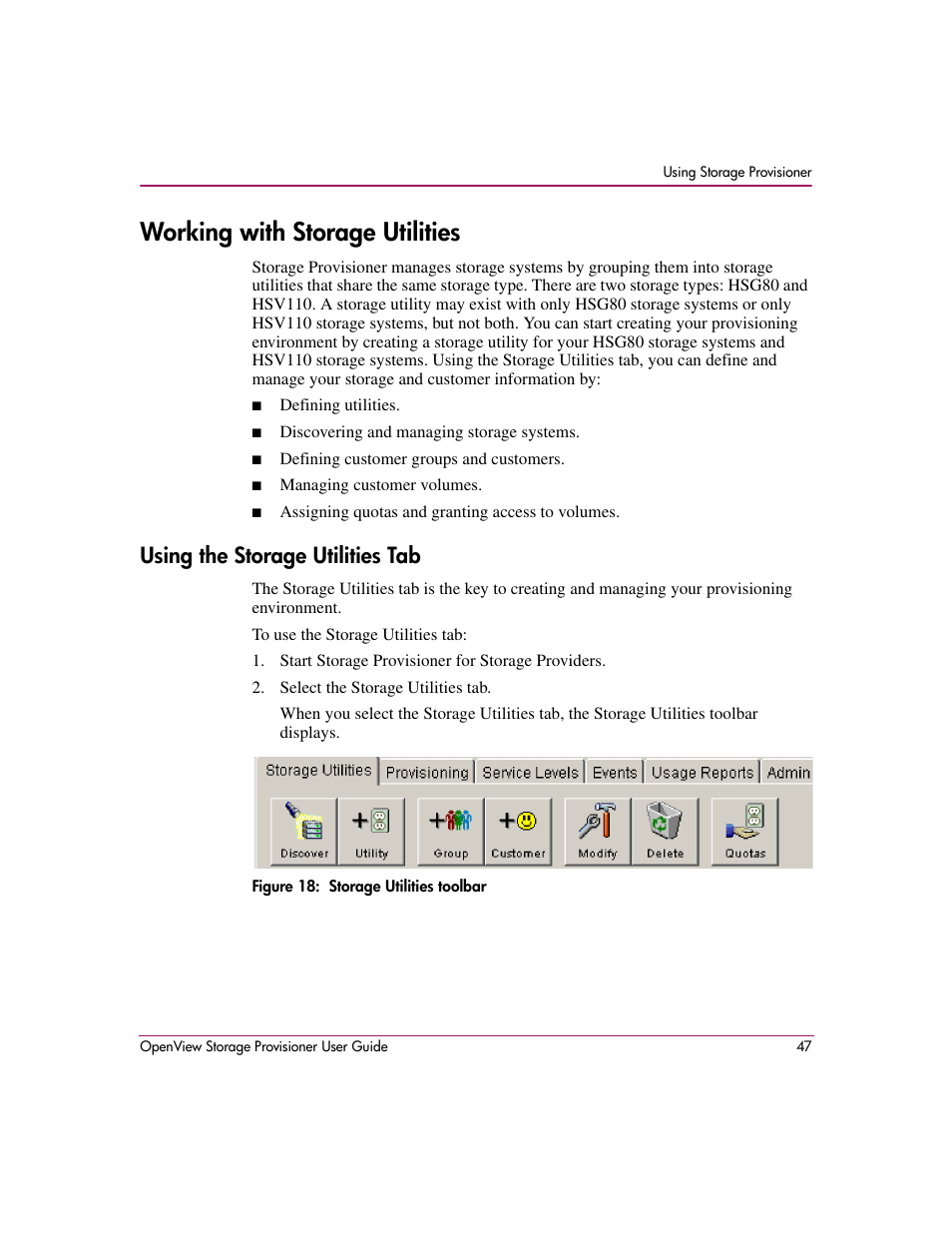 Working with storage utilities, Using the storage utilities tab, 18 storage utilities toolbar | HP OpenView Storage Provisioner Software License User Manual | Page 49 / 172