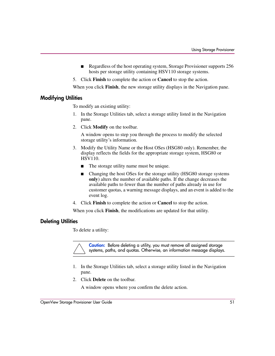 Modifying utilities, Deleting utilities, Modifying utilities deleting utilities | HP OpenView Storage Provisioner Software License User Manual | Page 53 / 172