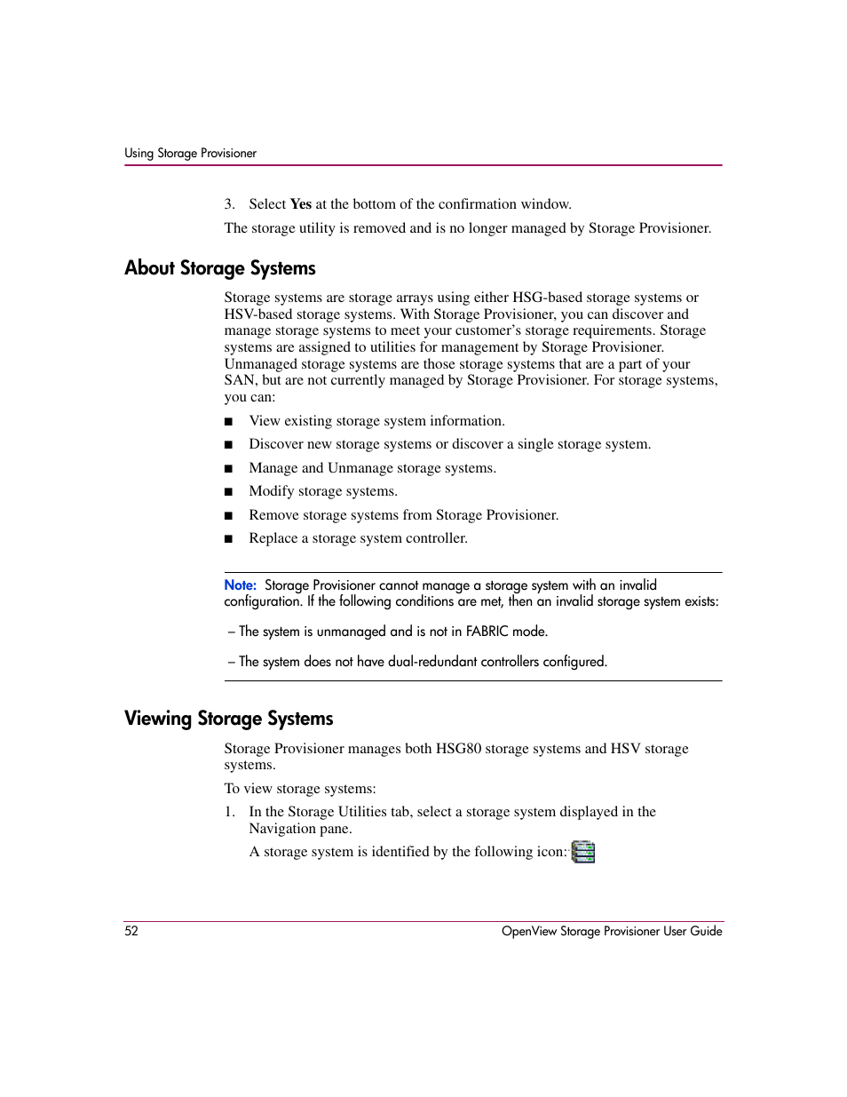 About storage systems, Viewing storage systems, About storage systems viewing storage systems | HP OpenView Storage Provisioner Software License User Manual | Page 54 / 172