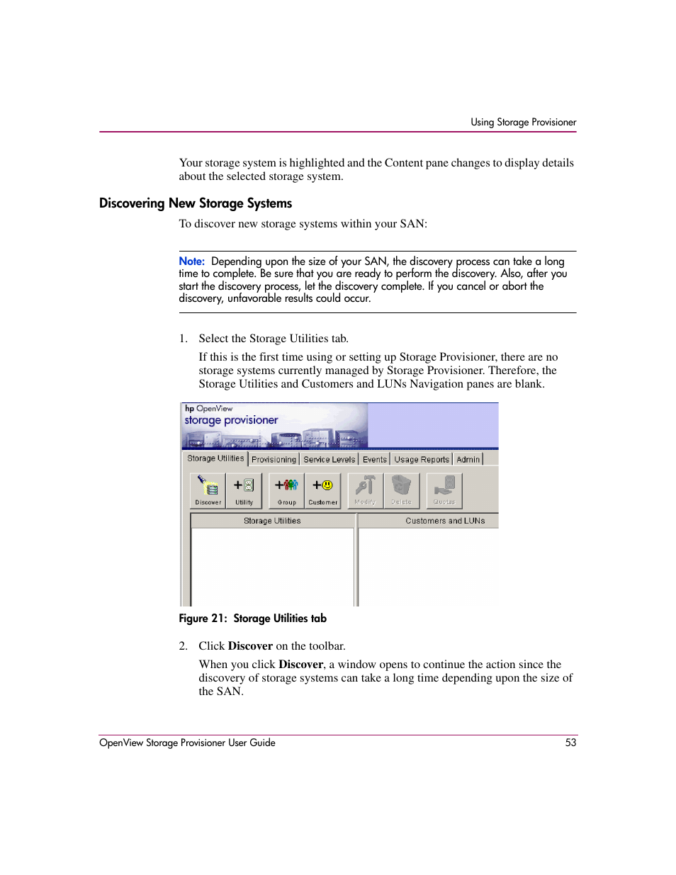 Discovering new storage systems, 21 storage utilities tab | HP OpenView Storage Provisioner Software License User Manual | Page 55 / 172