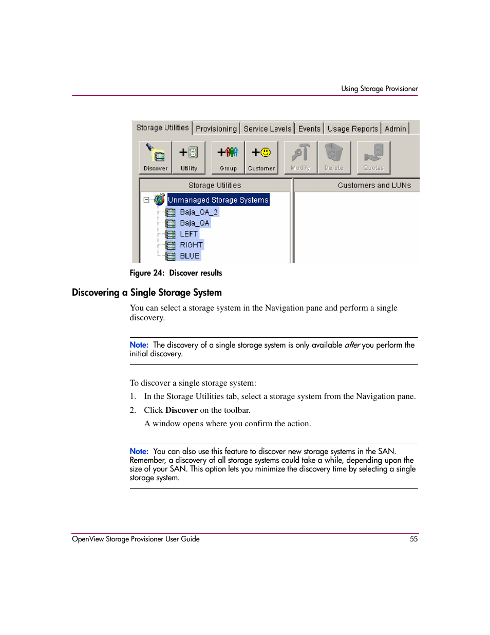 Discovering a single storage system, 24 discover results | HP OpenView Storage Provisioner Software License User Manual | Page 57 / 172