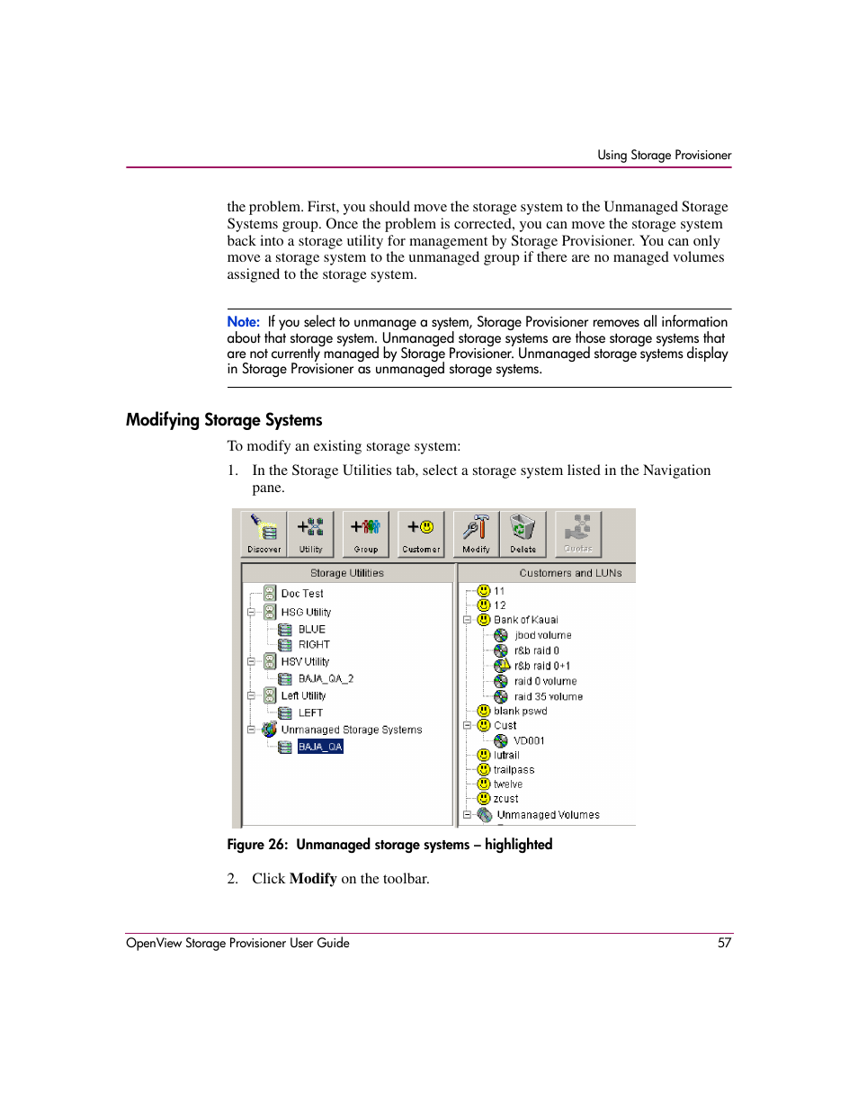 Modifying storage systems, 26 unmanaged storage systems – highlighted | HP OpenView Storage Provisioner Software License User Manual | Page 59 / 172