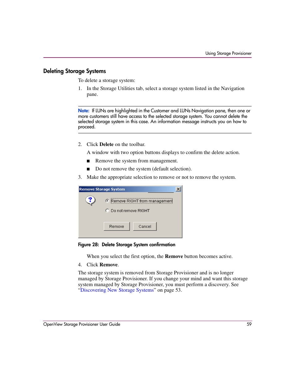 Deleting storage systems, 28 delete storage system confirmation | HP OpenView Storage Provisioner Software License User Manual | Page 61 / 172