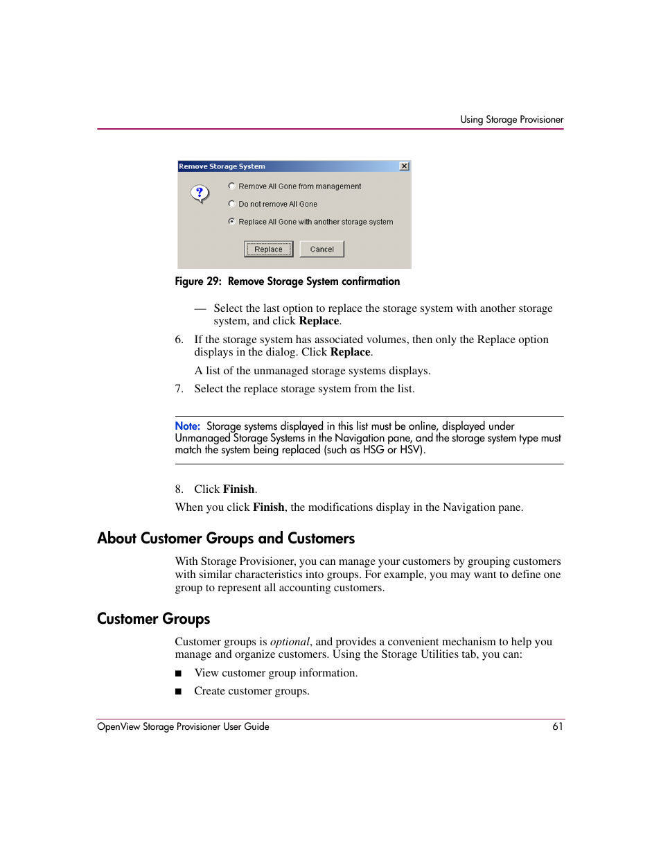 About customer groups and customers, Customer groups, 29 remove storage system confirmation | HP OpenView Storage Provisioner Software License User Manual | Page 63 / 172