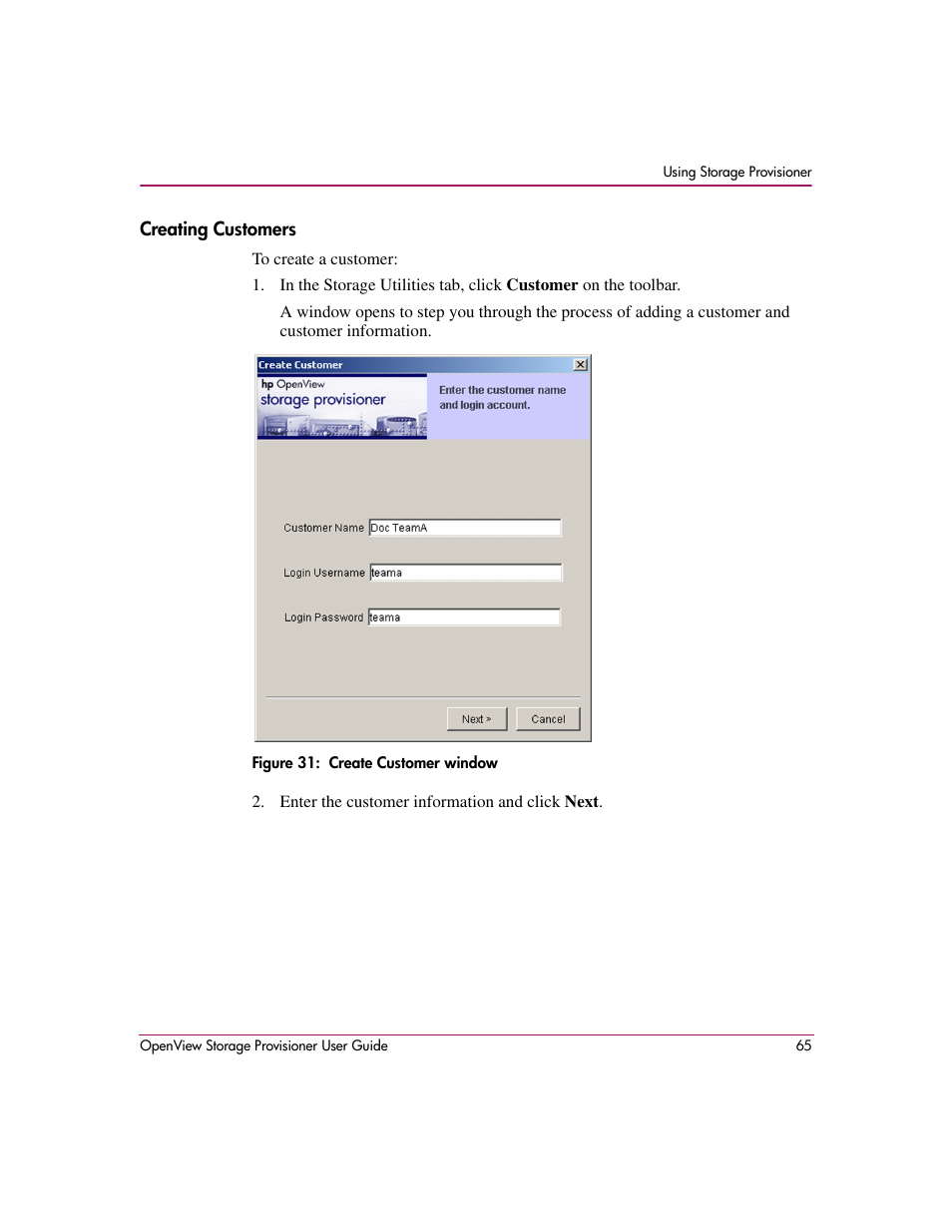 Creating customers, 31 create customer window | HP OpenView Storage Provisioner Software License User Manual | Page 67 / 172