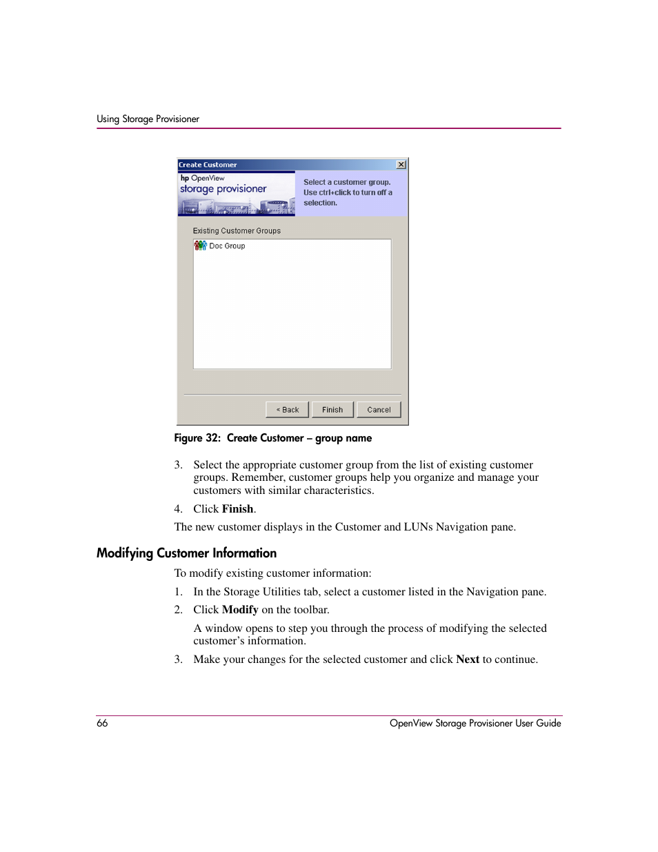 Modifying customer information, 32 create customer – group name | HP OpenView Storage Provisioner Software License User Manual | Page 68 / 172