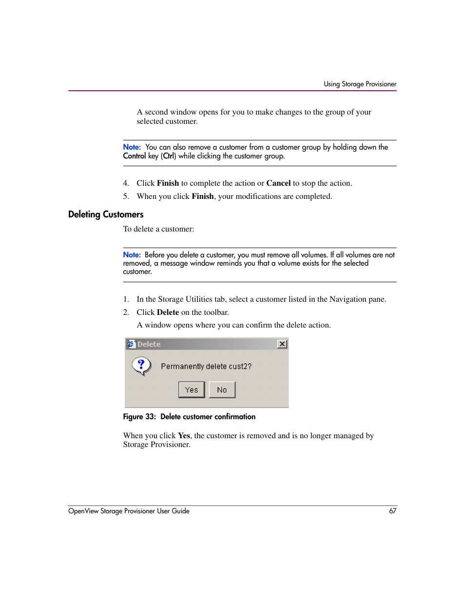 Deleting customers, 33 delete customer confirmation | HP OpenView Storage Provisioner Software License User Manual | Page 69 / 172