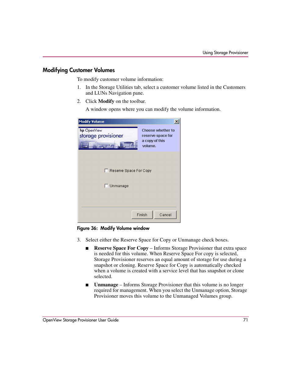 Modifying customer volumes, 36 modify volume window | HP OpenView Storage Provisioner Software License User Manual | Page 73 / 172