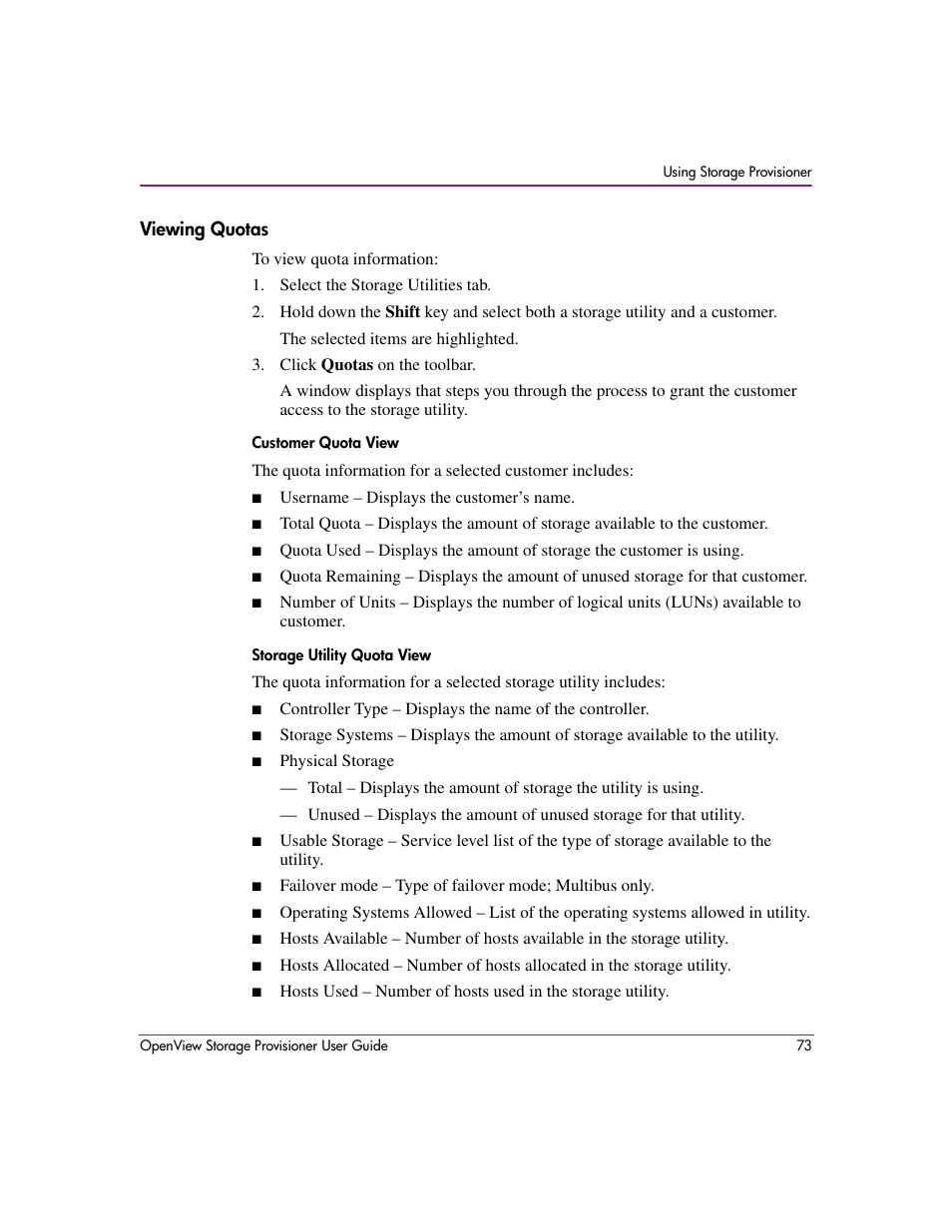 Viewing quotas, Customer quota view storage utility quota view | HP OpenView Storage Provisioner Software License User Manual | Page 75 / 172