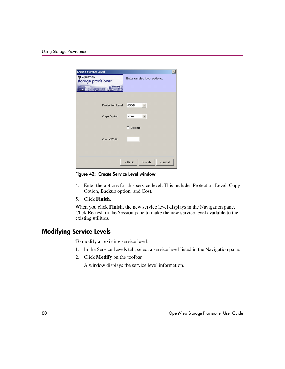 Modifying service levels, 42 create service level window | HP OpenView Storage Provisioner Software License User Manual | Page 82 / 172