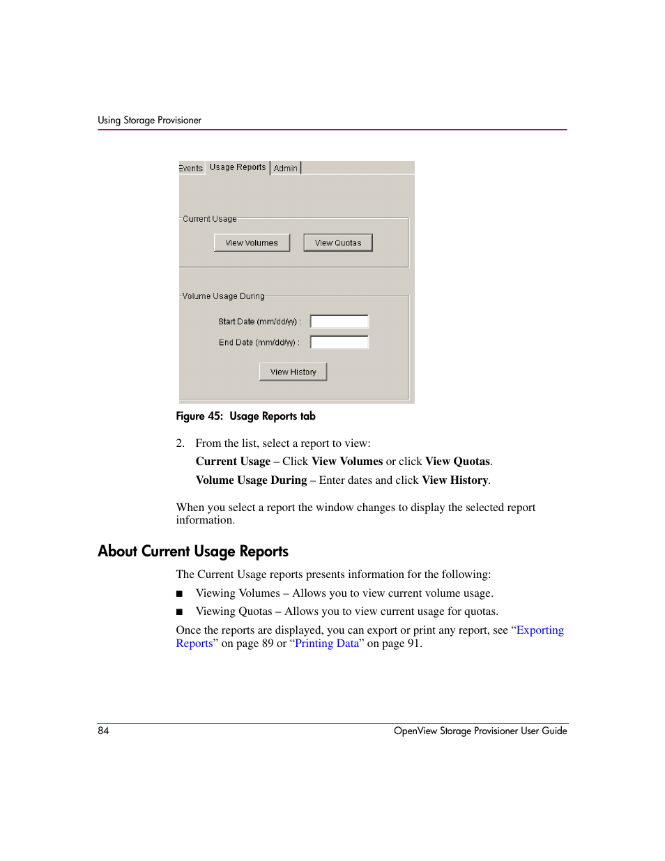 About current usage reports, 45 usage reports tab | HP OpenView Storage Provisioner Software License User Manual | Page 86 / 172