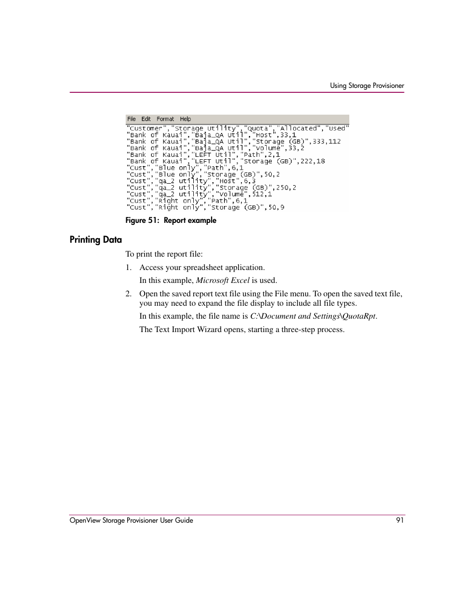 Printing data, 51 report example | HP OpenView Storage Provisioner Software License User Manual | Page 93 / 172