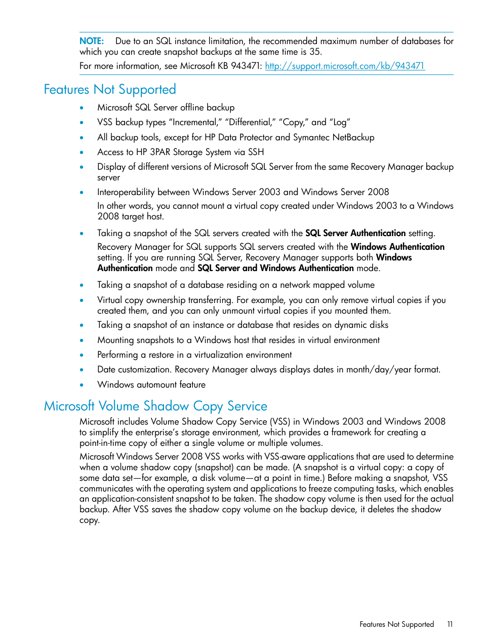 Features not supported, Microsoft volume shadow copy service | HP 3PAR Application Software Suite for Microsoft SQL Licenses User Manual | Page 11 / 84