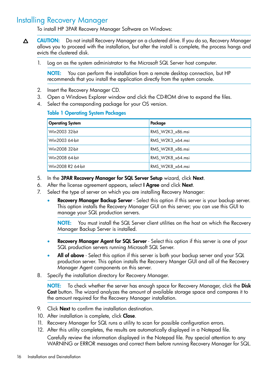 Installing recovery manager, Installing | HP 3PAR Application Software Suite for Microsoft SQL Licenses User Manual | Page 16 / 84